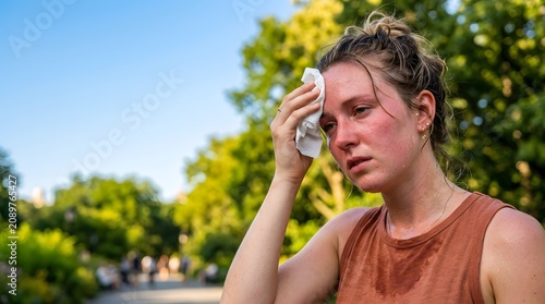 Sweaty woman wiping her forehead while standing outdoors in the sun
