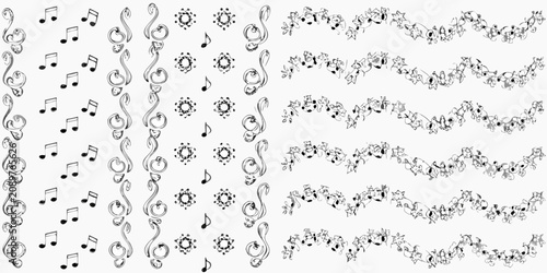 Obraz na plátně Musical Notes And Clefs Black Vector Illustration Pattern On White Background