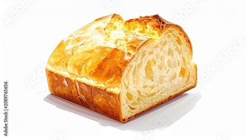 Golden-brown loaf of bread with glossy crust and airy interior on white background, detailed texture highlighting craftsmanship, warmth, and artisanal baking perfection.