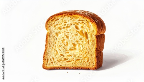 Golden-brown loaf of bread with glossy crust and airy interior on white background, detailed texture highlighting craftsmanship, warmth, and artisanal baking perfection.
