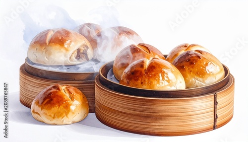 Golden-brown loaf of bread with glossy crust and airy interior on white background, detailed texture highlighting craftsmanship, warmth, and artisanal baking perfection.