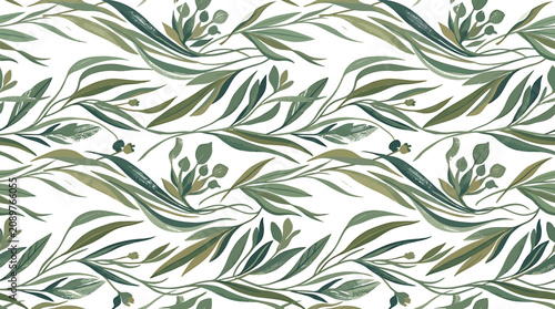 Fotografie The hand drawn botanical seamless pattern features lush greenery with leaves and flowers