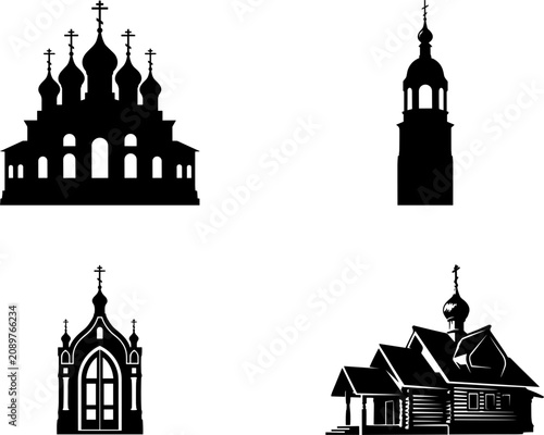 Schilderij op canvas Orthodox Church Building Silhouette Set with Onion Domes Cathedral Spires Chapel