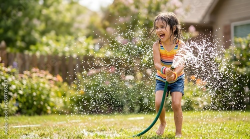 Happy child playing with a water hose in a sunny garden