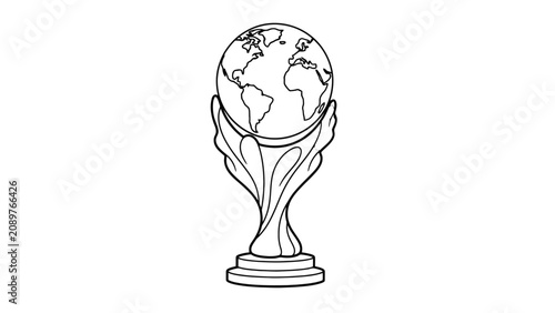 Fotografie A stylized black and white illustration of a trophy featuring a globe held aloft by ornate, leaf-like supports on a tiered base