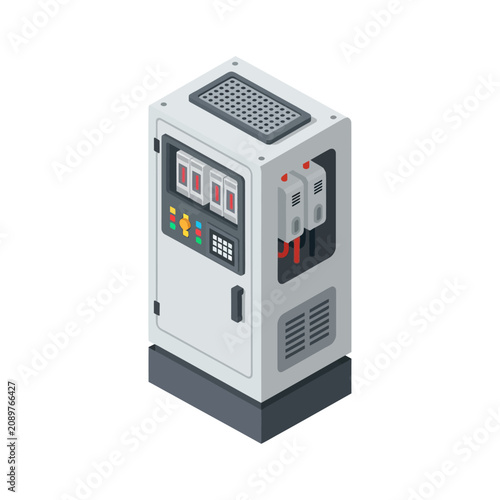 Industrial electrical control panel with digital display and buttons.