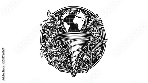 Ornate circular emblem featuring a swirling vortex, a globe, and floral elements, rendered in a detailed black and white illustration style.