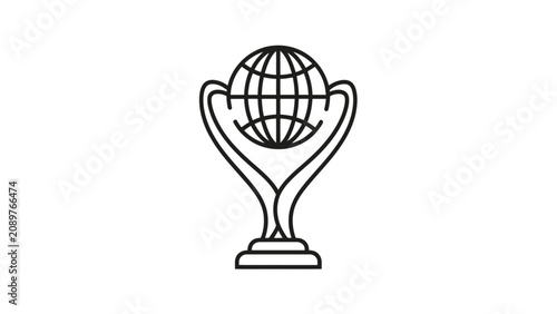 A stylized black and white line drawing of a trophy with a globe on top.