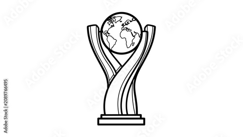 A stylized black and white illustration of a trophy with a globe on top, symbolizing achievement and global recognition.