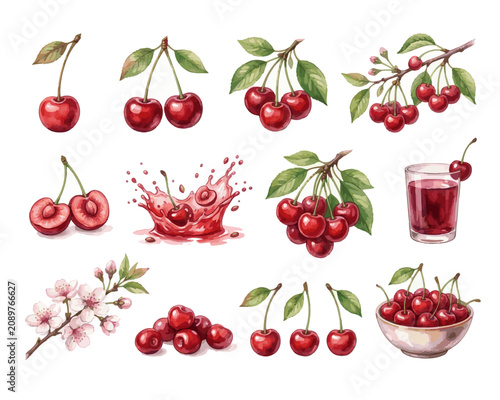 Watercolor cherry collection with branches and juice