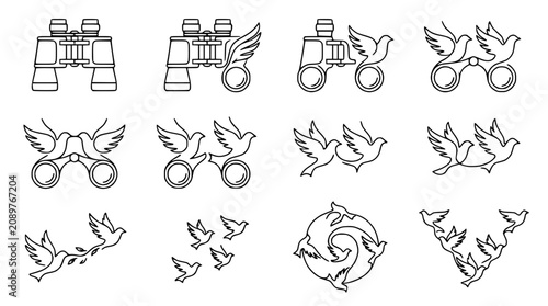Εκτύπωση καμβά Binoculars and Birds Icons Collection: Vision, Freedom, Peace, Discovery, Nature