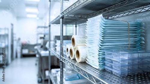 macro closeup of sterile medical packaging supplies arranged on clean laboratory storage shelving for pharmaceutical manufacturing workflow