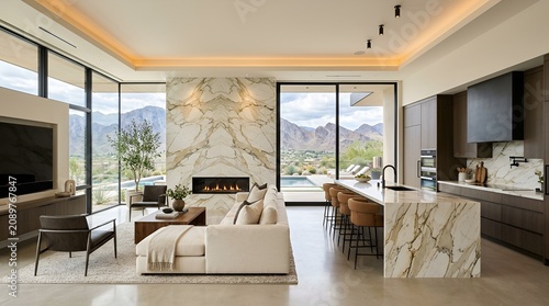 Luxury Modern Living Room with Marble Fireplace and Mountain View