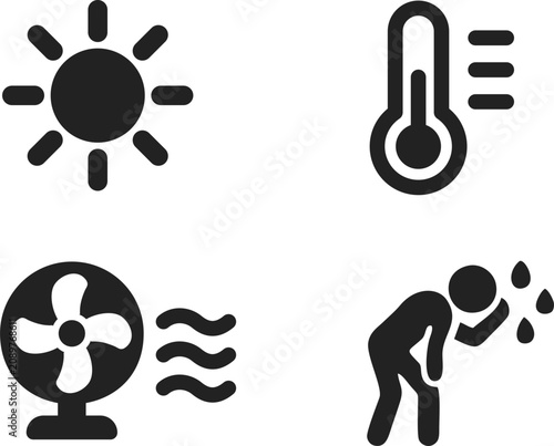 Set of flat black icons depicting extreme summer heat including a sun, high temperature thermometer, electric cooling fan, and sweating person with heat exhaustion