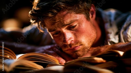 Man studies book with deep concentration under warm light