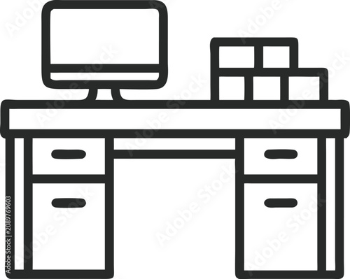 Simple vector graphic of an office desk icon, representing work and business environments
