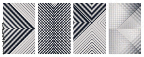 Abstract geometric vector poster set with halftone grid and optical illusion patterns, Shape distortion and linear gradients with transition effect, dynamic graphic for banner and wall art, kit 1