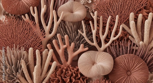 Coral reef with various coral species and structures in shades of pink and brown