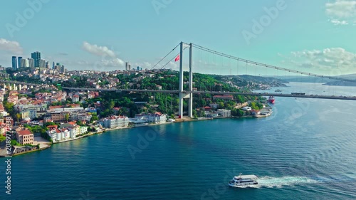Aerial view of the Bosphorus Bridge crossing the Bosphorus Strait in Istanbul. Blue water, urban shoreline and the suspension bridge define this iconic city scene.