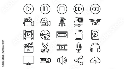 Tableau sur toile Minimalist video production icons set, 25 black line vector symbols for multimed