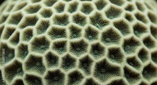 Closeup of a coral reef with intricate green and brown details