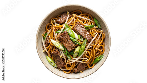 Foto Beef lo mein with bean sprouts and scallions on transparent background