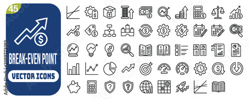 Break Even Point line editable icon set. containing cost analysis, profit margin, sales revenue, financial planning, business model, cash flow, and more. Editable stroke. Vector illustration.