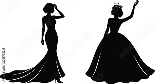 Fotografía Black silhouettes of elegant women in glamorous evening gowns and a royal crown