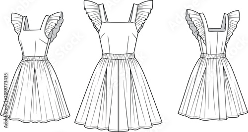 Fotografía Flat sketch of a summer dress with ruffled sleeves and gathered waist design