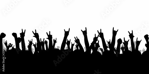 Fotografie Crowd silhouette with raised hands against a white background