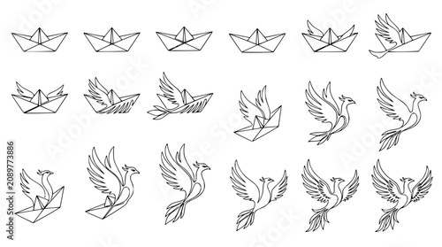 Fotografie Origami paper boats transform into phoenix birds, evolution, transformation, cha