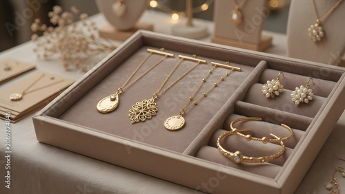 Elegant jewelry display box showcasing gold-toned necklaces, rings, and bracelets arranged on velvet trays.