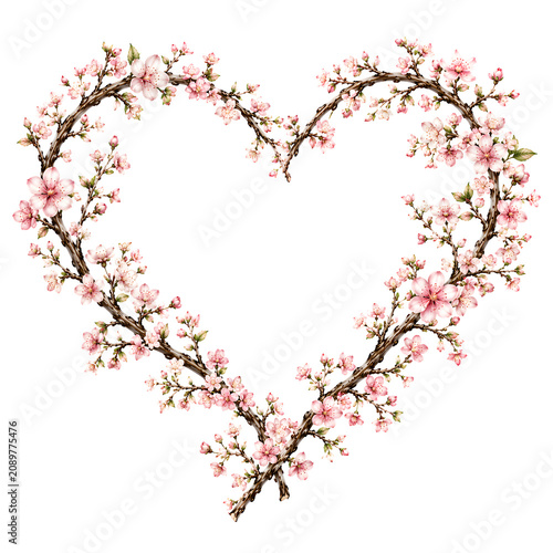 Herzförmiger Rahmen aus blühenden Kirschzweigen mit zarten rosa Blüten. Filigrane Naturillustration mit floralem Motiv, Frühlingsstimmung und harmonischer Herzform.