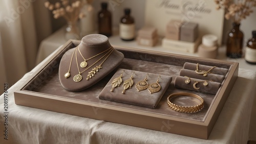Elegant jewelry collection arranged on a vintage wooden tray with a cowboy hat and other accessories for a rustic luxury aesthetic.