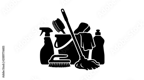 Cleaning Supplies Silhouette Icon Set with Bucket Mop and Spray Bottle