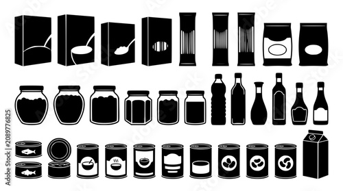Set of pantry food product packaging silhouettes and grocery icons