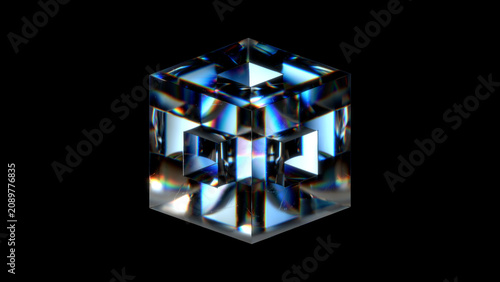 Bild auf Leinwand Abstract Glass Cube Transparent Chromatic Aberration on Black Background