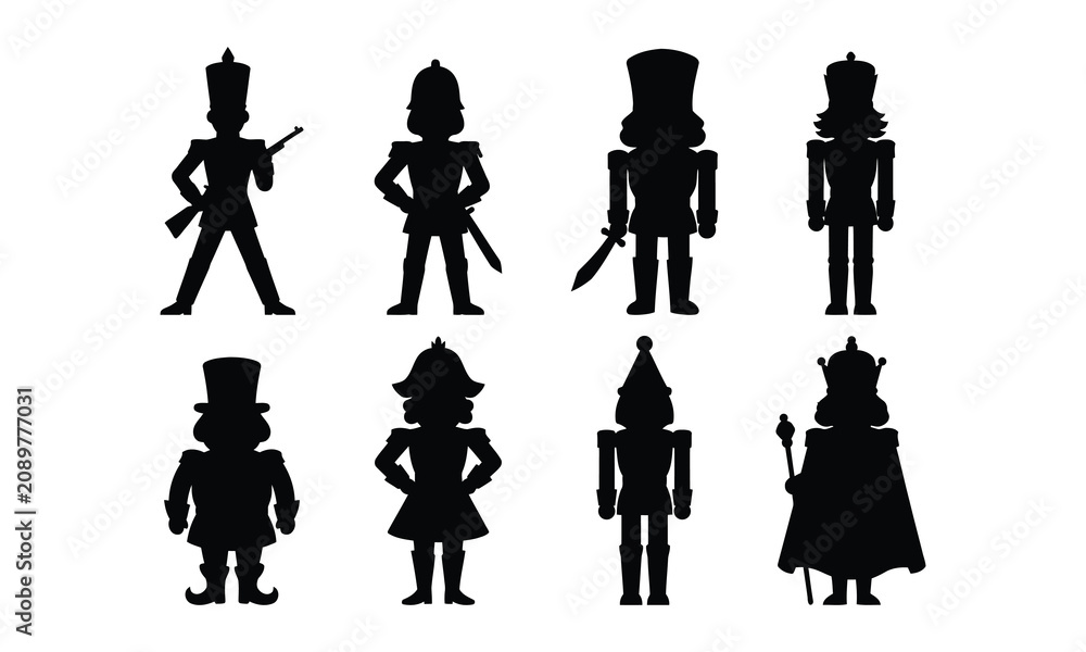 Obraz premium Set of black silhouette nutcracker soldier icons isolated on white surface.