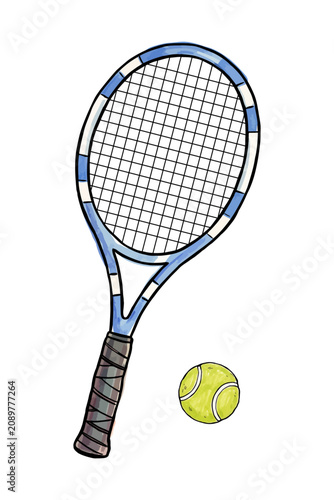 Hand Drawn Tennis Racket and Tennis Ball with Watercolor Texture for Sports Activities