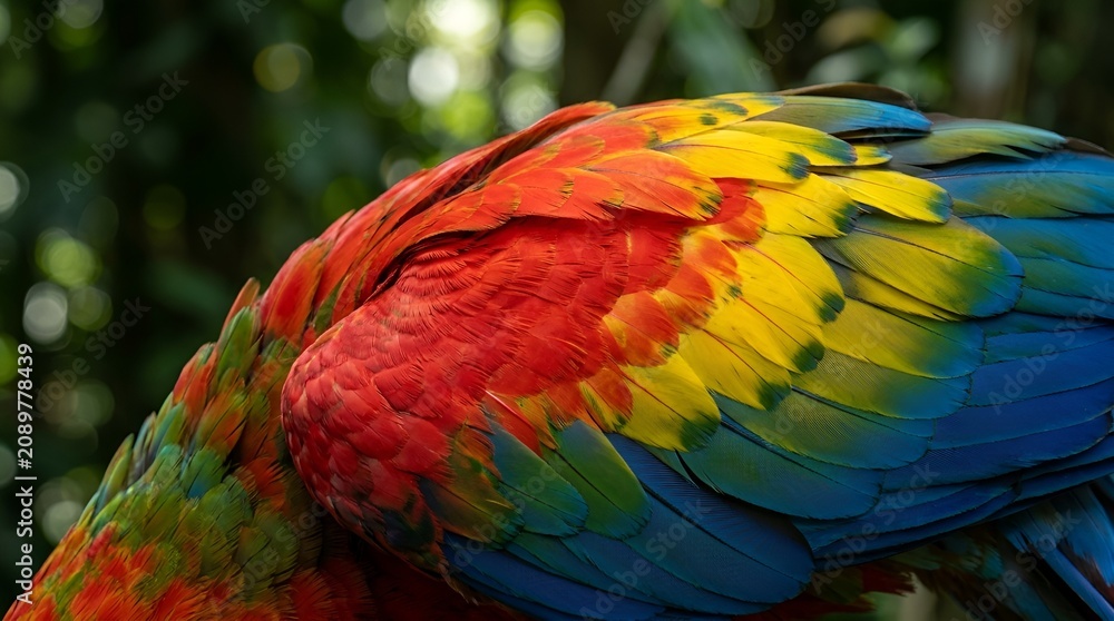 Obraz premium Close-up of vibrant scarlet macaw feathers, tropical bird plumage detail