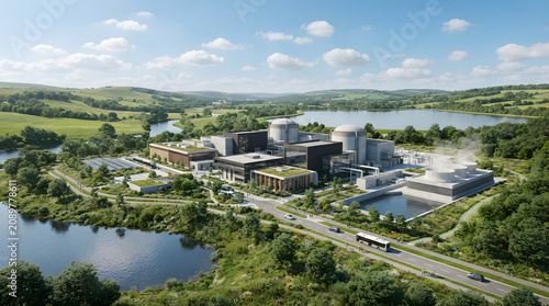 Large modern nuclear power plant in green landscape with lake and surrounding nature.