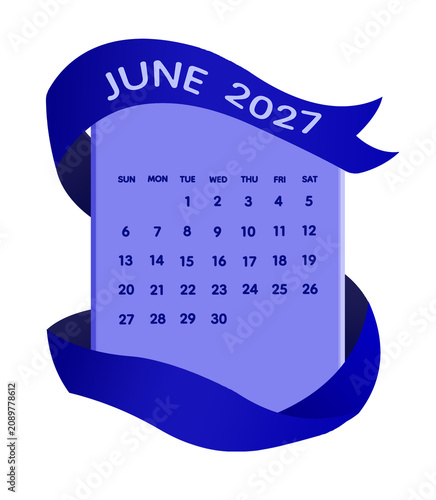 Minimal Blue Ribbon June 2027 Calendar Template with Elegant Flowing Fabric Banner, Modern Monthly Planner, Clean 3D Paper Design, Isolated on Transparent Background, Premium Printable Office 