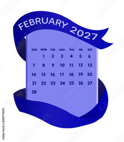 Minimal Blue Ribbon February 2027 Calendar Template with Elegant Flowing Fabric Banner, Modern Monthly Planner, Clean 3D Paper Design, Isolated on Transparent Background, Premium Printable Office