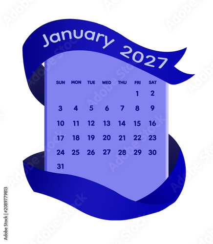 Minimal Blue Ribbon January 2027 Calendar Template with Elegant Flowing Fabric Banner, Modern Monthly Planner, Clean 3D Paper Design, Isolated on Transparent Background, Premium Printable Calendar 