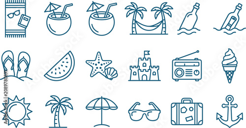 Fotografi Summer Beach Vacation Line Icon Collection Featuring Coconut Drinks Palm Trees F