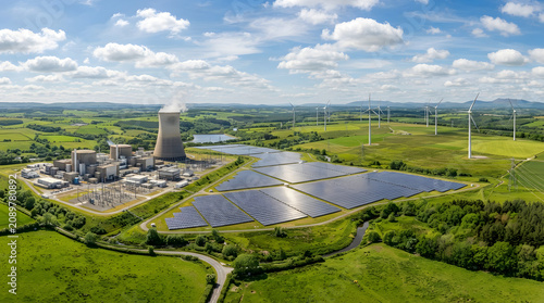 Aerial view of a nuclear power plant next to solar panels and wind turbines in green landscape.