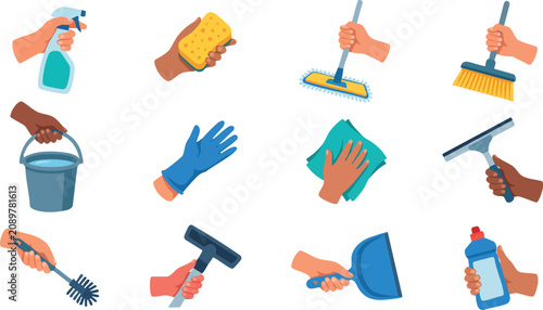 Photos Cleaning tools, janitorial equipment, household supplies, vector icons