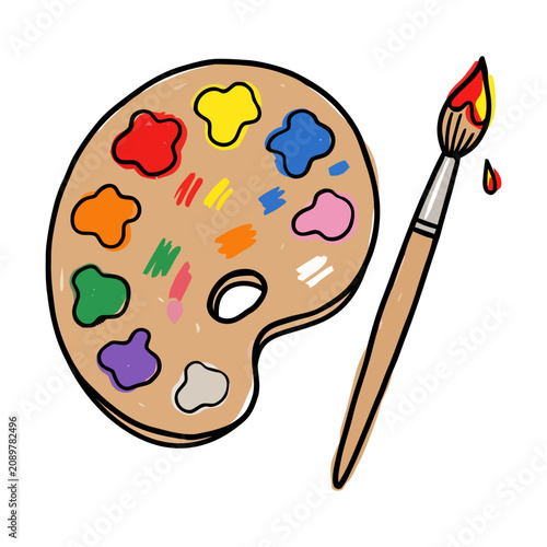 Hand Drawn Paint Palette and Paint Brush with Watercolor Texture for School Art Class