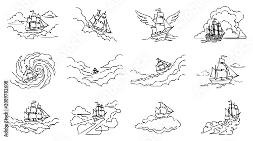 Принти на полотні Sailing Ship Collection: Vintage Vessels on Waves, Clouds, and Storms