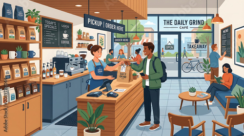 Restaurant staff cleaning up tables and mopping floors at closing time in a cozy cafe illustration